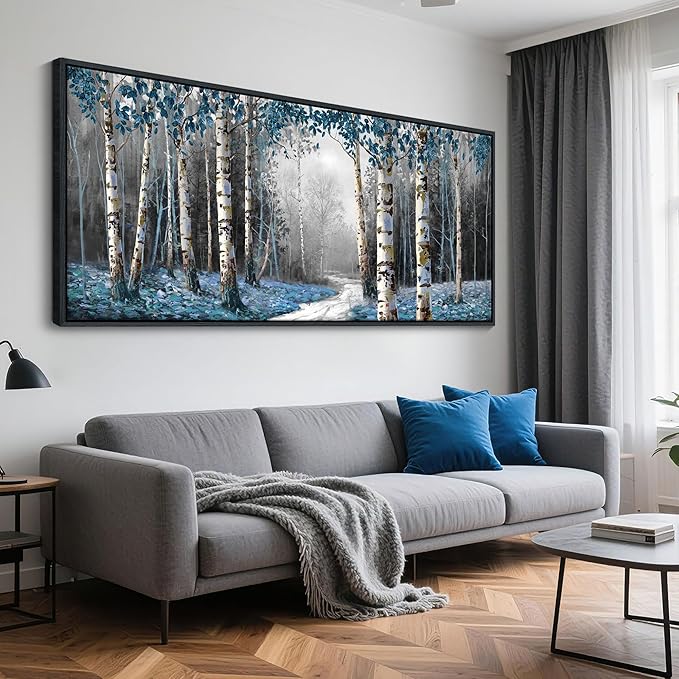 HKDGOKA Large Landscape Wall Art, Gray Blue Birch Tree Abstract Canvas Painting Picture Modern Misty Forest Artwork Framed for Living Room Bedroom Office Kitchen Home Wall Decor 71"x32"