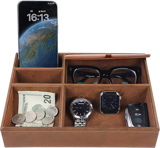 Zcaukya Men's Valet Tray, Jewelry Box Nightstand Organizer with 5 Compartments for Phone Keys Wallet Watch Glasses, Faux Leather Dresser Entryway Catchall Holder for Father's Day Gift (Brown)