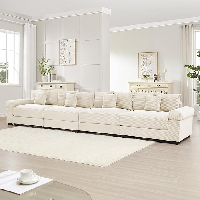 KEIKI 168" Oversized Corduroy Modular Cloud Sectional Sofa with High-Density Foam Cushions, Extra-Thick Armrest, Upholstered Modern 4-Seater Fluffy Corner Couch with 12 Pillow, for Living Room, Beige