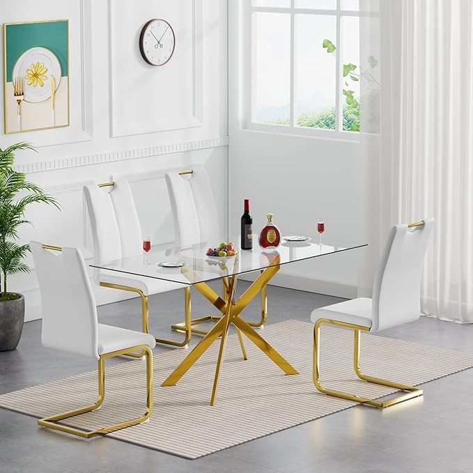 Modern Glass Dining Table Set for 4, Gold Glass Kitchen Table and Chairs Set of 4, 5 Piece Dining Room Table Set with 61" Rectangular Metal Glass Dinner Table and 4 White Leather Dining Chairs