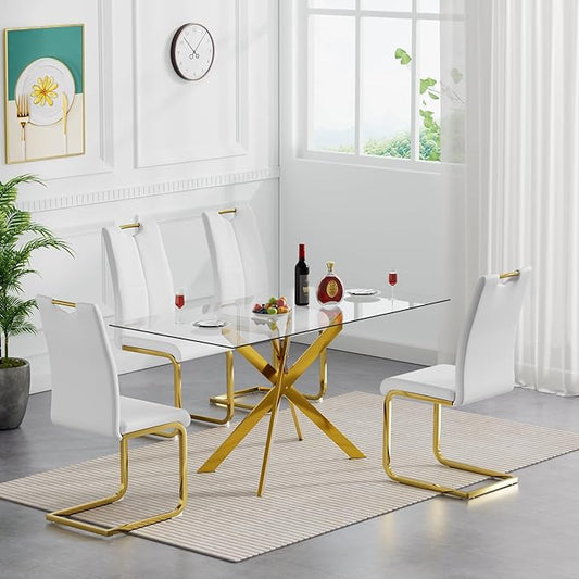 51'' Gold Glass Dining Table Set for 4,5 Piece Kitchen Table and Chairs Set with Metal Legs and 4 PU Leather Dining Chairs for Kitchen Room Small Spaces