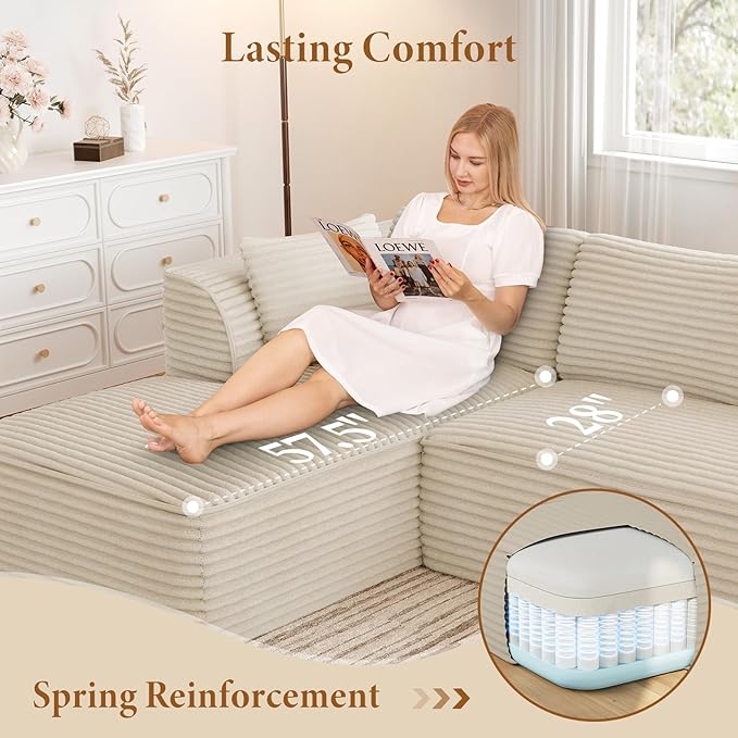 Vesgantti 106" Boneless Couch with Chaise, Deep Seat Comfy Cloud Modular Sofa Corduroy Memory Foam Sectional Couches for Living Room Bedroom, No Assembly Required (Camel, Left-Facing Chaise)