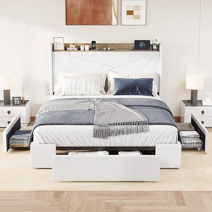 Allewie Queen Size Velvet Bed Frame with 3 Storage Drawers, Upholstered Platform Bed with Wingback Storage Headboard and USB Ports, No Box Spring Needed, Easy Assembly, White