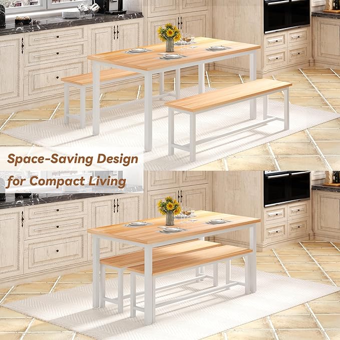 Recaceik Dining Table Set for 4 Kitchen Dining Room Set with 2 Dinner Benches, Farmhouse Breakfast Table for Apartment Small Space, Easy Assembly