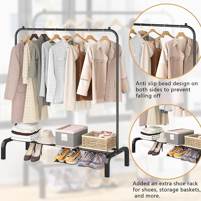 Clothes Rack Metal Clothing Rack with Bottom Shelf Garment Rack for Hanging Clothes Shirts Jeans and Coats Black