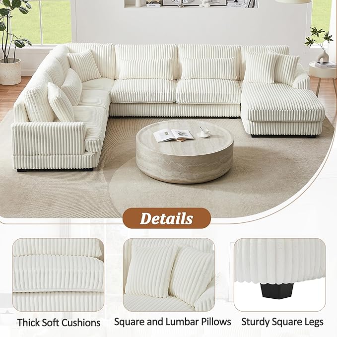 Oversized Sectional Sofa Modern U-Shaped Couch Upholstered in Soft Corduroy with a Chaise Lounge for Living Room