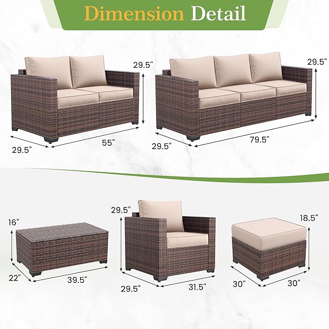 Amopatio Wicker Outdoor Sofa & Patio Couch Set - High Back Waterproof Patio Furniture Single Armrest Chair with Non-Slip Cushions, Outdoor Furniture Cover, Khaki