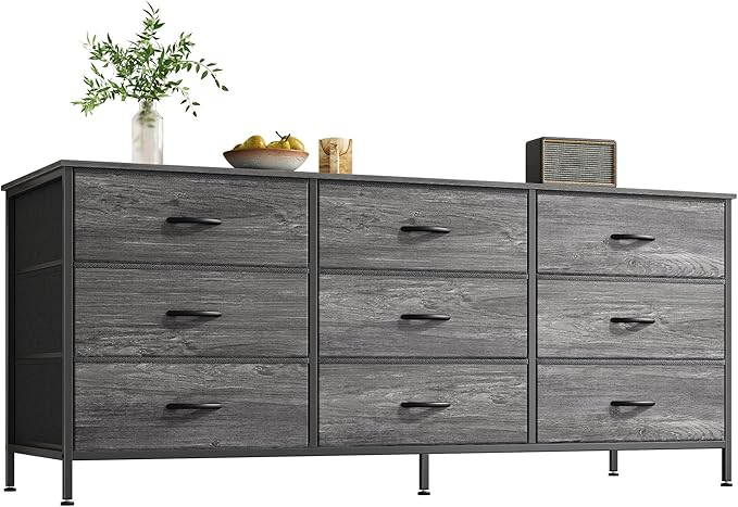 Huuger Long Dresser for Bedroom, 55 Inch TV Stand for 55, 60 Inch TV, Entertainment Center with Drawers, Large Storage Fabric 9 Drawer Dresser, Closet, Grey