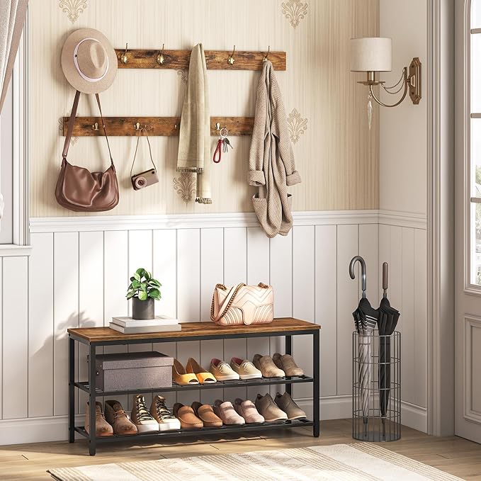 HOOBRO Hall Tree with Bench, Coat Rack Shoe Bench Set, Entryway Shoe Rack with Coat Hooks, Hall Tree, 39.4" L x 11.8" W x 18.1" H, Industrial, for Front Door, Rustic Brown BF071MT01G1
