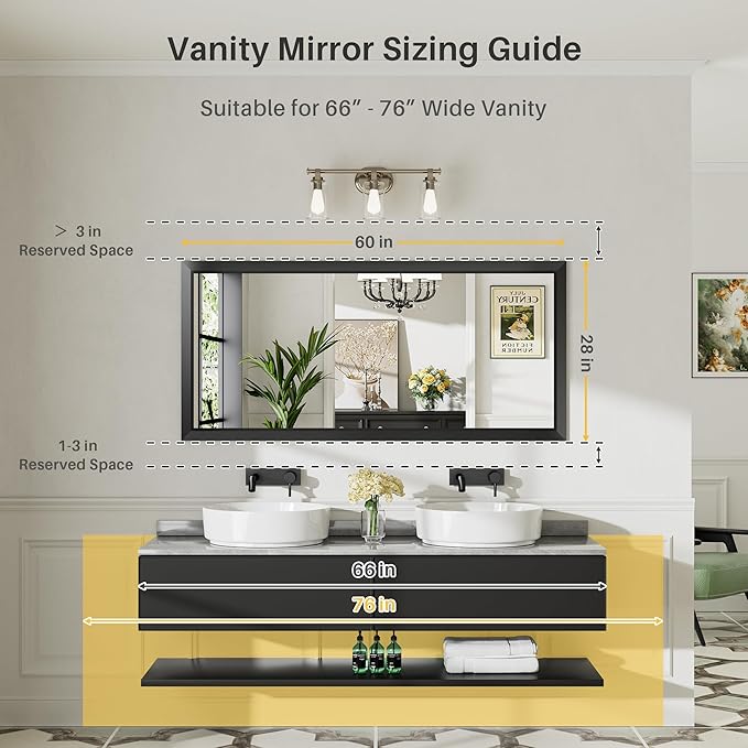 60x28 Inch Black Bathroom Mirror for Wall, Thick Metal Framed Rectangle Mirrors for Over Sink, Bedroom, Living Room, Entryway, Anti-Rust, HD Tempered Glass