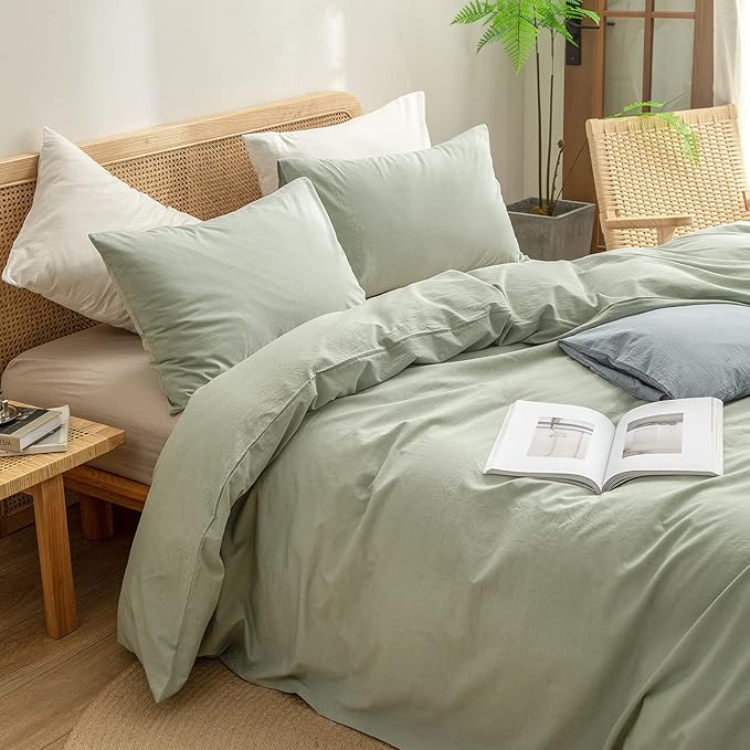 BESTOUCH Duvet Cover Set 100% Washed Cotton Linen Feel Super Soft Comfortable Chic Lightweight 3 PCs Home Bedding Set Solid Sage Green Super King Plus