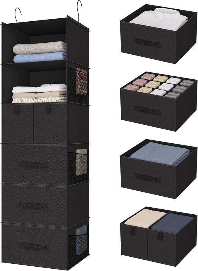 6-Shelves Hanging Closet Organizer with 5 Different Drawers, Foldable Closet Organizers and Storage for Wardrobe, Closet& RV, Clothes and Accessories Storage, Non-Woven Fabric, Black