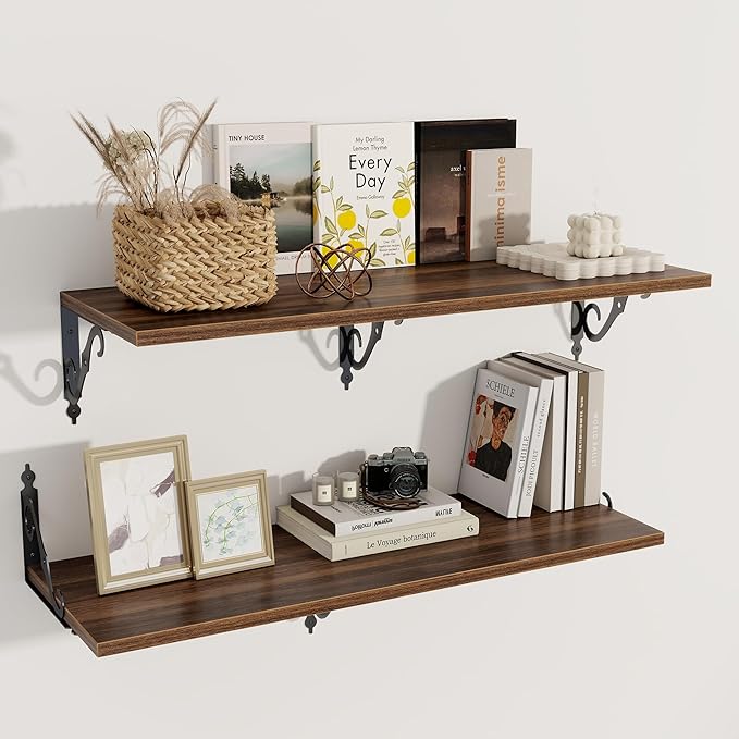 Deep Floating Shelves, 36" W x 12" D Wall Shelves Set of 2, Wide Display Shelf Wall Mounted with Brackets, Bookshelf for Living Room, Bathroom, Bedroom, Walnut