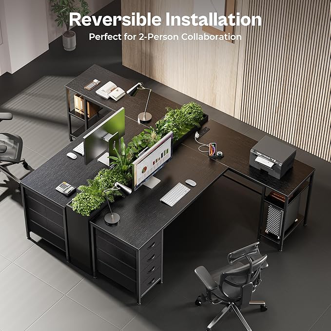 Huuger 63 Inch L Shaped Desk with Fabric Drawers, Reversible Computer Gaming Desk with Power Outlets and USB-C Port, Adjustable Side Storage Shelves, for Work Study Corner Home Office, Black