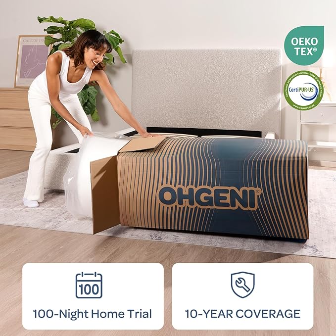 OhGeni 14 Inch Cooling Queen Size Mattress, Hybrid Gel-Infused Memory Foam Bed Mattresses in a Box, Medium Feel Cool Top Fabric, Individual Pocket Innerspring, 3-Zone Design & Reinforced Edge Support