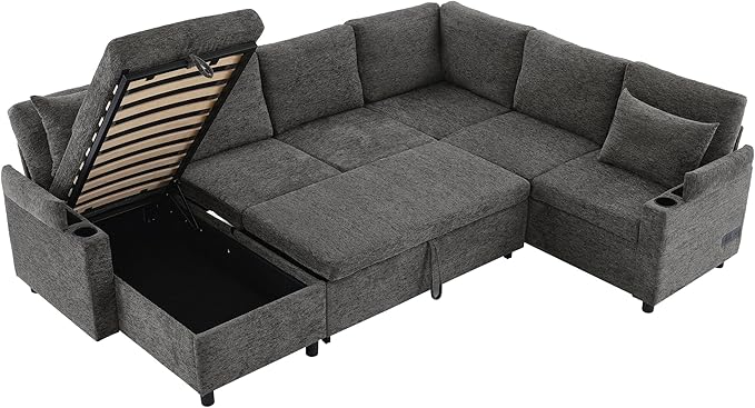 Ball & Cast 109.9" Sectional Sofa with Pull Out Bed, Chenille Upholstered Sleeper Sofa bed with Storage Chaise, Convertible U Shaped Couch with Two Cup Holders and Charging Ports for Living Room, Grey