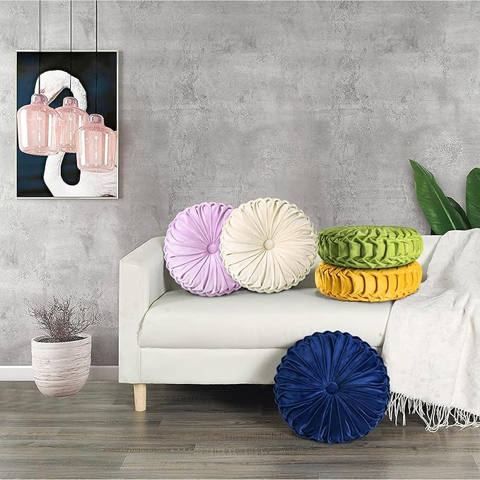 HIG Set of 2 Decorative Round Pleated Throw Pillows,Classy Accent Pumpkin Throw Pillows with Center Button,Vintage Velvet Floor Pillows for Sofa Vanity Chair Bed,Light Purple,14.7" Diameter(Ripple)