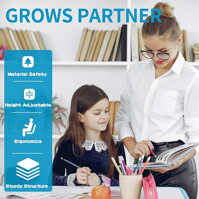 Diroan Kids Functional Desk and Chair Set, Ergonomic Height Adjustable Children School Study Desk with Tilt Desktop, Book Stand, LED Light, Metal Hook and Storage Drawer for Boys Girls(Blue)