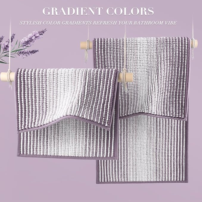 BSICPRO Bathroom Rugs and Mats Sets, 2 Piece Thick Absorbent Chenille Non Slip, Soft Shaggy Floor Mats, Machine Washable (Lavender Purple, 20" x 47" Plus 16" x 24")