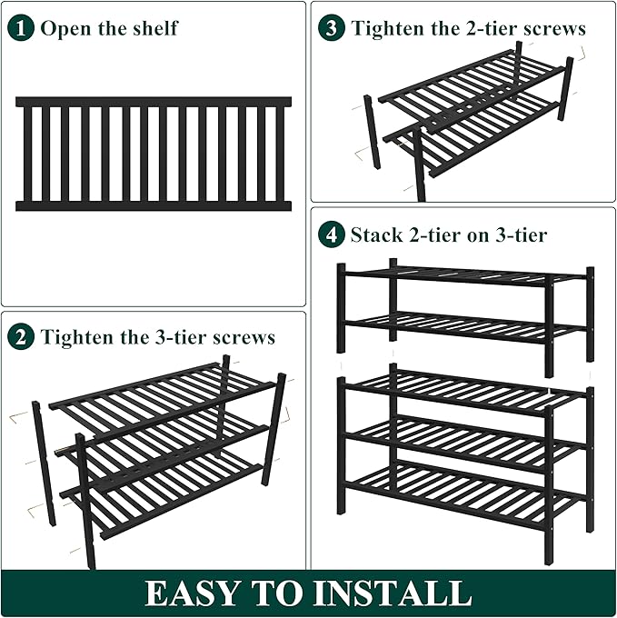 Smiry Bamboo Shoe Rack for Closet, 5 Tier Wooden Stackable Shoe Organizer, Free Standing Shoes Storage Shelf for Entryway, Front Door Entrance, Black