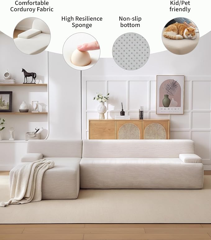 Garvee 107'' Modular Sectional Sofa, Left Facing Chaise L-Shaped Boneless Couch, Ultra Deep Seat Modern Sectional Sofa for Living Room, 5mm Wale Corduroy Fabric, Beige