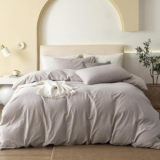 JIYUAN 100% Washed Cotton Duvet Cover Set 3 Pieces Super King, 1 Duvet Cover 108x98 Inches(Comforter Not Included) and 2 Pillowcases,Linen Feel Bedding Set Comfy and Breathable, Heathered Linen