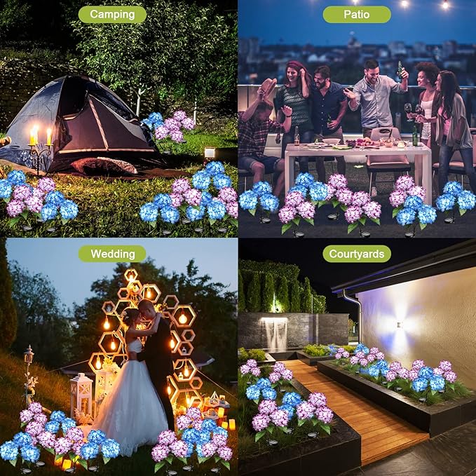 Solar Flowers Lights - Outdoor Waterproof Hydrangea Stake, Solar Flower Decor for Patio, Courtyard, Garden Lawn (Blue & Purple)