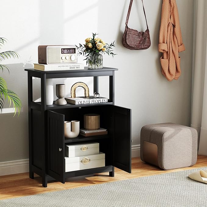 Tangkula Bathroom Storage Cabinet, Freestanding Floor Organizer with 2 Doors & 1 Adjustable Shelf, Modern Home Bathroom Furniture for Living Room Entryway Kitchen (Cabinet, Black)