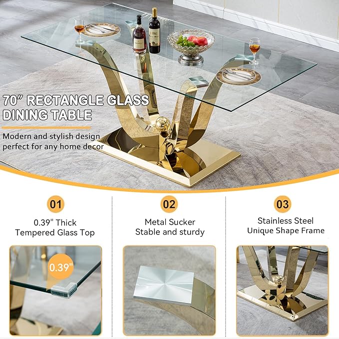 70" Modern Gold Glass Dining Table Set for 4, 5-Piece Rectangle Kitchen Dining Room Table Set with Steel Base & 4 Blue Velvet Upholstered Chairs, Modern Glass Kitchen Table and Chairs Set of 4