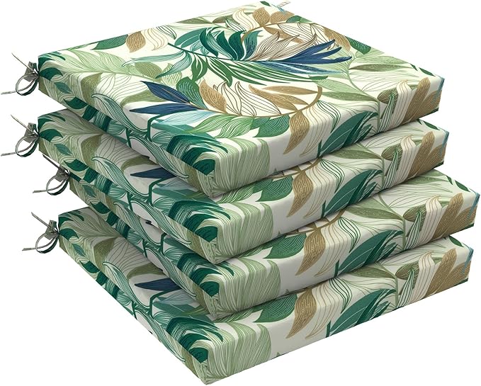 Set of 4 Outdoor Square Chair Cushions 18.5"x16"x2" for Patio, Water Resistant Patio Dining Seat Pads Replacement for Kitchen Garden and Outdoor Furniture Decoration - Lush Leaf Green