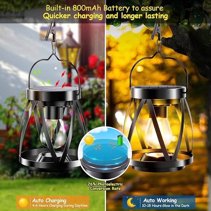 GARPAR Solar Lanterns Lights Outdoor Waterproof, 4 Pack Upgraded Metal Outdoor Lantern, Brighter Auto On/Off 18H Hanging Solar Lights for Outside Garden Yard Patio Porch Decor, Gift for Mom