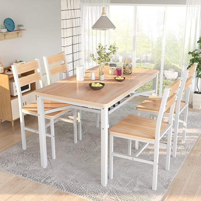 Hooseng Dining Table Set for 4, Wood Kitchen Table Chairs Set with Storage, Farmhouse 5 Piece Dining Room Table Set, Space-Saving Dinette Set for Breakfast Nook, Apartment