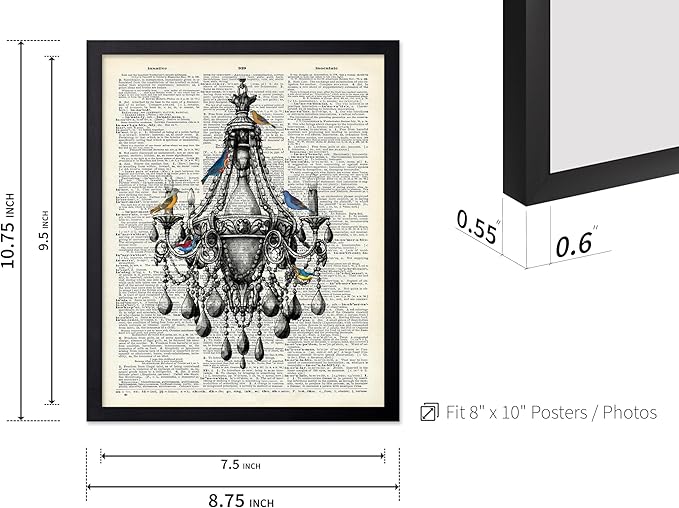 Poster Master Dictionary Art Poster - Antique Chandelier Print - Bird Art - Baroque Art - Gift for Men & Women - Chic Decor for Living Room, Dining Room, Bedroom or Kitchen, 8x10 Black Framed