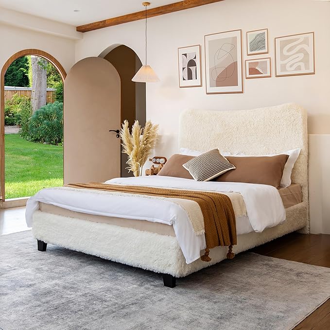 Brafab Full Bed Frame with Headboard, Boho Fluffy Boucle Cloud Upholstered Platform Bed with Soft Rounded Corners and Wooden Slats, No Box Spring Needed, Noise Free, Easy Assembly, Beige