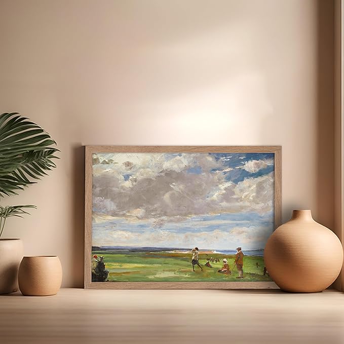 Poster Master Vintage Lady Astor Playing Golf at North Berwick Painting Poster - Retro Golf Course Print - Golf Art - Sports Art - Landscape Art - Office or Living Room Decor, 16x20 Beige Framed