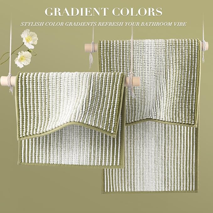 BSICPRO Bathroom Rugs and Mats Sets, 2 Piece Thick Absorbent Chenille Non Slip, Soft Shaggy Floor Mats, Machine Washable (Linden Green, 20" x 47" Plus 16" x 24")