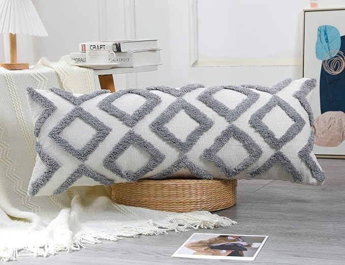 Diamond Pattern Extra Long Pillow Covers 14 x 36,Plush Chenille Decorative Long Lumbar Pillow Covers Pillow Case Cushion Case for Sofa Couch Bed Livingroom Farmhouse,Modern Boho,Grey