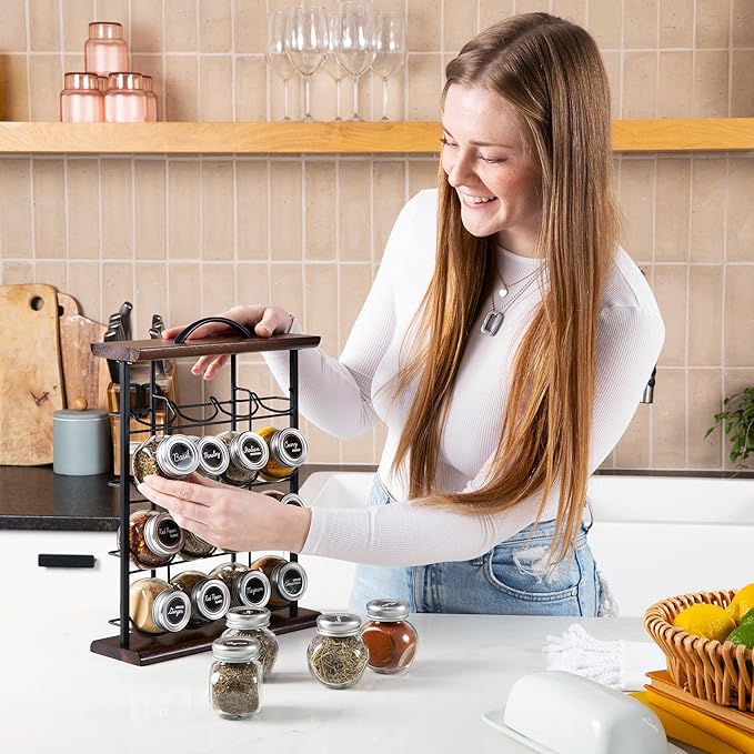 Orii 16 Jar Acacia Wood & Metal Wire Spice Rack with Spices Included, Storage for Spices and Seasoning, Black & Brown