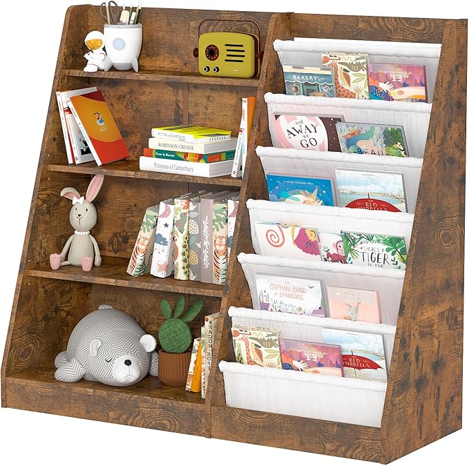 Kids Bookshelf for Bedroom Toddler Child Baby Bookcase 4-Tier for Nursery Book Toy Storage Organizer 6 Sling Adjustable Display Shelf Stand Book Rack Wood Classroom Playroom Rustic Brown
