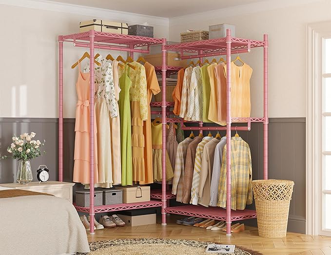 Raybee Clothes Rack Heavy Duty Clothing Racks for Hanging Clothes Adjustable Wardrobe Closet Hanging Clothes Rack Garment Rack, Pink, 13.9" D x 70.6" W x 77" H