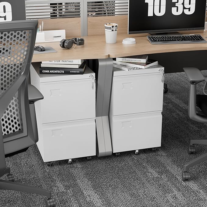 Aobabo 2 Drawer File Cabinet with Wheels, Lockable Metal Filing Cabinet with Business Card Slot for Legal/Letter Size for Home Office, Required Assembled,White