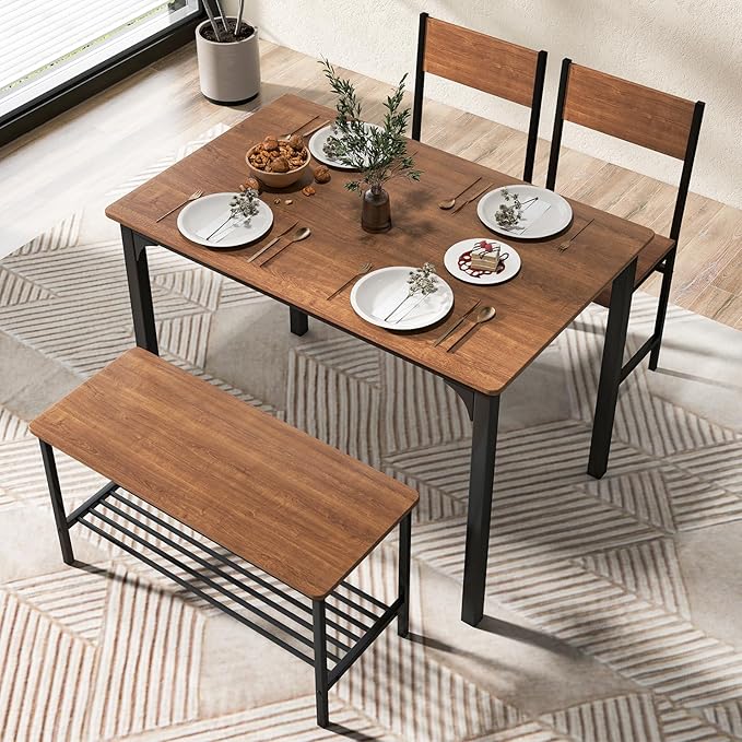 Tangkula Dining Table Set for 4, Kitchen Table and 2 Chairs for 4 with Bench, 4 Piece Dining Table Set for Small Space, Apartment