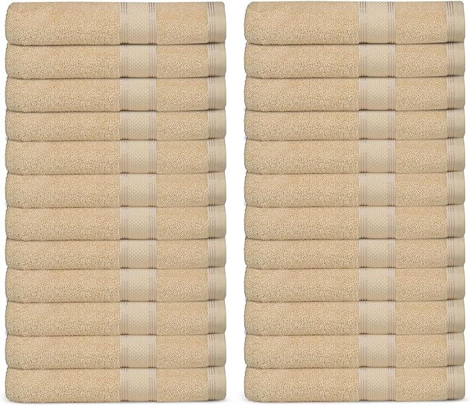 Casa Lino Face Towels & Body Wash Cloths for Showering - 100% Cotton Wash Cloths for Bathroom - Highly Absorbent & Quick Drying Washcloth Set - Cotton Washcloths 24 Pack (12" x 12") - (Linen Brown)