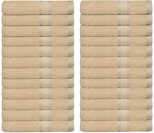 Casa Lino Face Towels & Body Wash Cloths for Showering - 100% Cotton Wash Cloths for Bathroom - Highly Absorbent & Quick Drying Washcloth Set - Cotton Washcloths 24 Pack (12" x 12") - (Linen Brown)