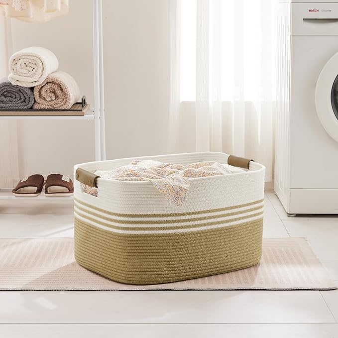 Laundry basket with leather handles for clothes,blankets,pillows,toys,towels,suitable for bedrooms and living rooms,cotton woven laundry hamper,extra large gift basket,22"x17"x12",Khaki