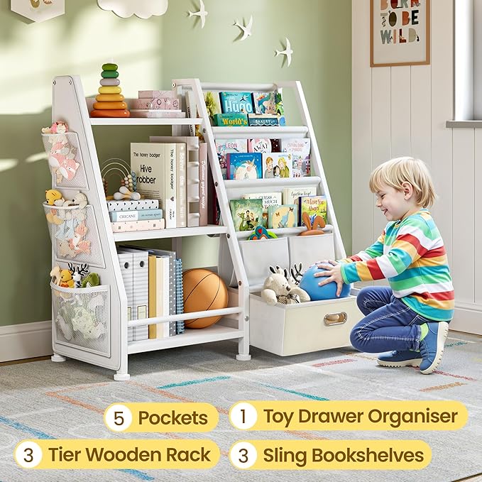 Kids Bookshelf and Toy Storage Organizer: White Book Shelf for Kids Room with Drawer to Storage Books and Toys Organizer - 3 Tire Toddler Bookshelf with 3 Side Pockets for Nursery, Bedroom, Playroom