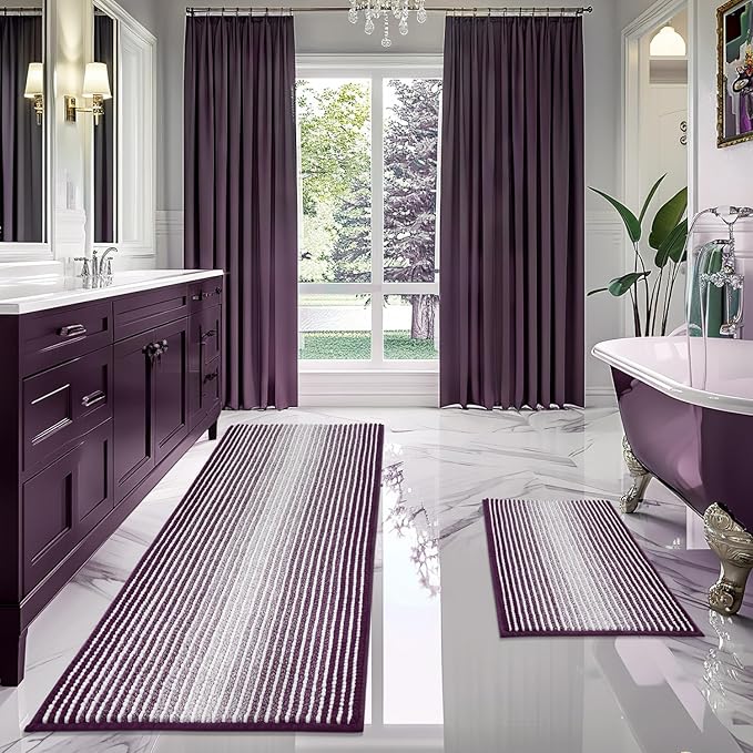 BSICPRO Bathroom Rugs and Mats Sets, 2 Piece Thick Absorbent Chenille Bath Mat Rug Set Non Slip, Soft Shaggy Bath Room Floor Mats for Bathroom, Machine Washable (Mauve Wine, 20" x 60" Plus 20" x 32")