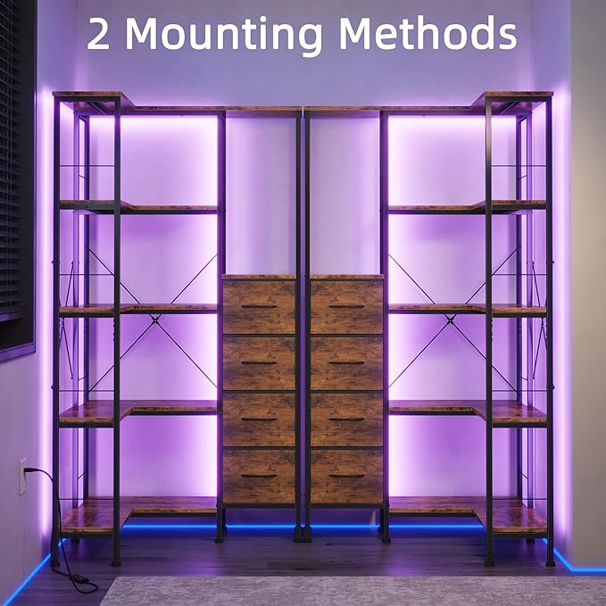 Corner Bookshelf with LED Light Strips & 4 Fabric Drawers, 5-Tier Convertible Corner Shelf with Display Shelf, Large Wood Industrial Bookcase for Living Room, Bedroom, Home Office, Rustic Brown