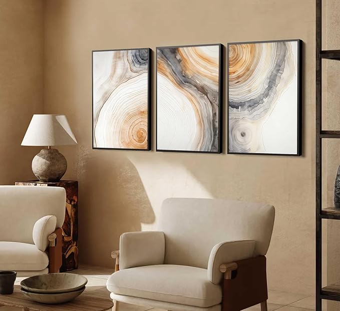 3 Pcs Beige Tree Rings Canvas Wall Art Modern Neutral Abstract Geome Nature Tree Ring Paintings Pictures Wall Decor Poster Print Artwork for Living Room Bedroom Office Home Decoration Unframed