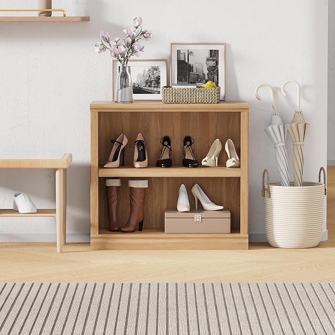 blini 2-Shelf Bookcase Wooden Bookshelves 33in Wide Floor Standing Display Storage Shelves Oak Bookcase for Home Office, Living Room, Bed Room